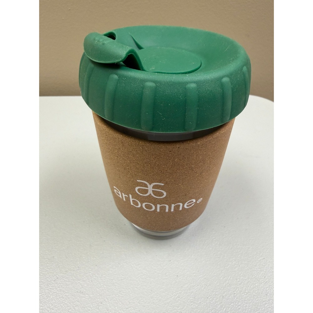 Arbonne Reusable Glass Travel Coffee Cup Cork Sleeve Green Silicone Lid 12oz